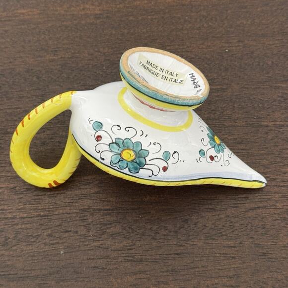 Vintage Italian Candle Holder Floral Aladdin Lamp Ceramic Hand Painted Signed - Picture 3 of 16